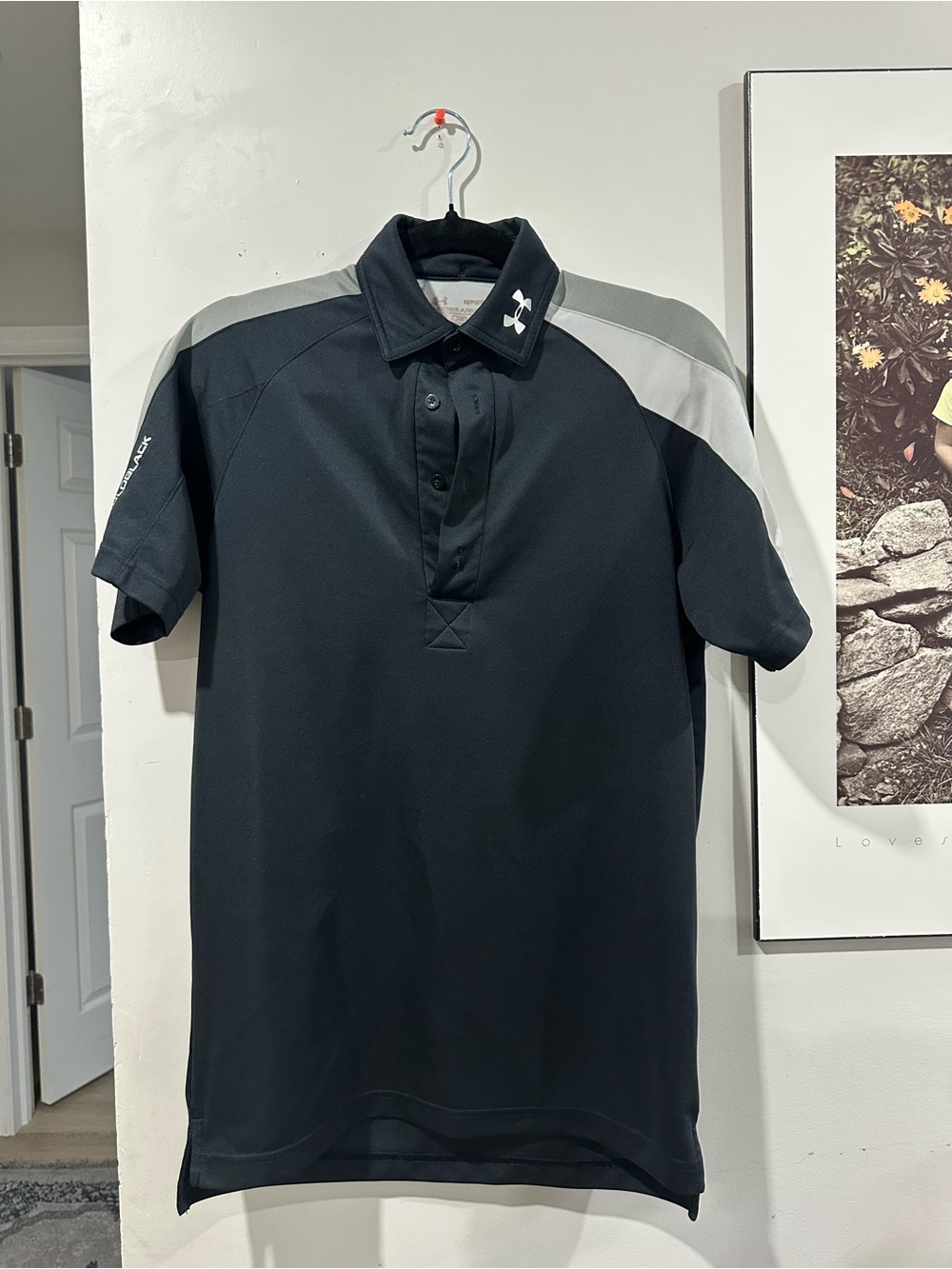 Under Armour Black Polo with Light Gray Shoulder Stripes